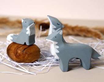 Handcrafted Wooden Fox Family: Grey Woodland Animal Toys