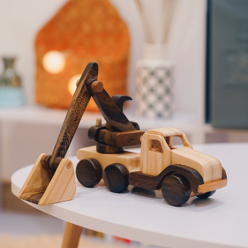 Handmade wood excavator construction toy for kids