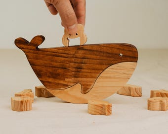 Wooden Whale Stacking Toy | Montessori Balance Game, Sea Animals