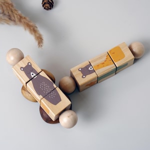 Bloque de madera con forma de animal que gira 360 grados - Juguete Montessori para bebés de 6 meses en adelante / Rompecabezas de madera ecológico para niños pequeños