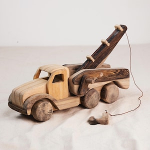Handmade Wooden Crane Tow Truck: Montessori Push Toy