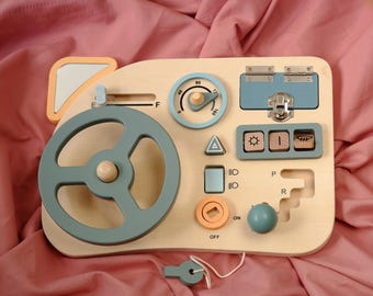 Personalized Wood Busy Board with Car Steering Wheel and Dashboard - Perfect Idea for Toddlers Gift!