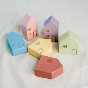 6 Tiny Houses Personalized Family Name Gift, Colorful Village Wood Shelf Decorative, Painted Wooden Houses New Home Congrats, Decorating Toy