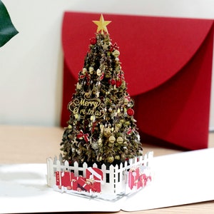 Biglietto d'auguri pop-up per albero di Natale in rosso e blu – cartolina di buon Natale