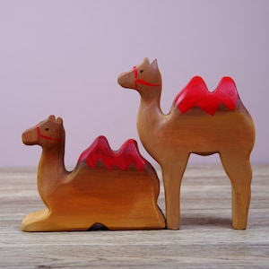 Wooden Red Accent Two-Humped Camel Figurines Toy:  Standing Camel & Lying Camel, Montessori Animal Toy, Desert Nursery Decor, Kids Playset