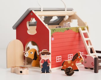 Houten boerderij schuur speelgoedset | Montessoridieren, vormensorteerder, stapelen, puzzel, tekenreeksen