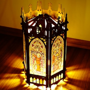 DIY Gothic Lantern, Wood and Plastic, Hanging Lamp Gothic Home Decor, Hexagon Lampshade, Religious Gift Light Holder, Porch & Window Lantern