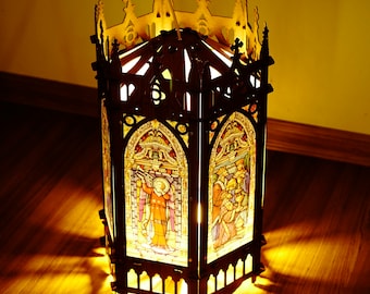 DIY Gothic Lantern, Wood and Plastic, Hanging Lamp Gothic Home Decor, Hexagon Lampshade, Religious Gift Light Holder, Porch & Window Lantern