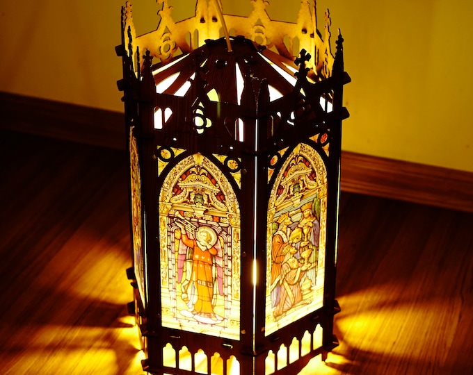 DIY Gothic Lantern, Wooden Hanging Lamp Gothic Home Decor, Hexagon Lampshade, Religious Gift Light Holder, Porch & Window Lantern