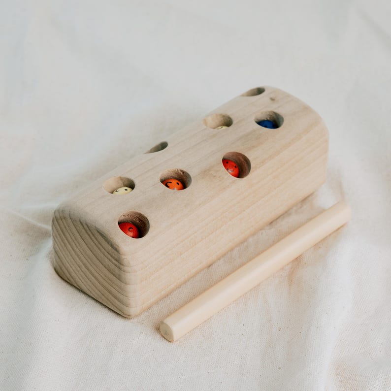 Wooden Montessori toy block with colorful worms placed in holes for magnetic catching.