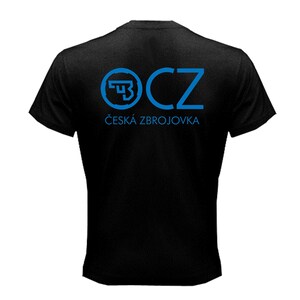 May include: Black t-shirt with a blue logo that says "CZ" and "ČESK&Aacute; ZBROJOVKA" in blue text.