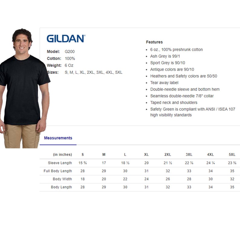 May include: A black Gildan G200 t-shirt made of 100% cotton. The t-shirt is available in sizes S, M, L, XL, 2XL, 3XL, 4XL, and 5XL. The t-shirt weighs 6 ounces. The t-shirt features a tear-away label, double-needle sleeves and bottom hem, a seamless double-needle 7/8" collar, taped neck and shoulders. The t-shirt is available in a variety of colors, including Ash Grey, Sport Grey, Antique, and Safety colors. The Safety Green color is compliant with ANSI/ISEA 107 high visibility standards.