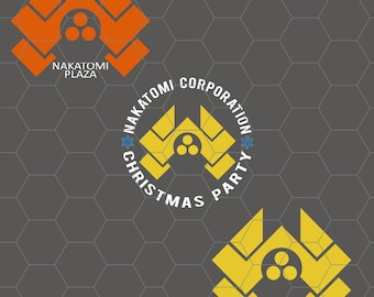 Puede incluir: Descarga digital PNG con tres logotipos. El logotipo superior es naranja con el texto "NAKATOMI PLAZA". El logotipo central es amarillo con el texto "NAKATOMI CORPORATION CHRISTMAS PARTY". El logotipo inferior es amarillo con el texto "NAKATOMI CORPORATION CENTURY CITY. LOS ANGELES".