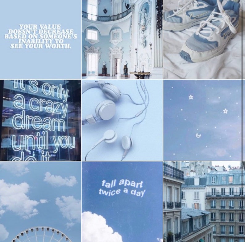 Blue aesthetic wall collage kit aesthetic light blue | Etsy