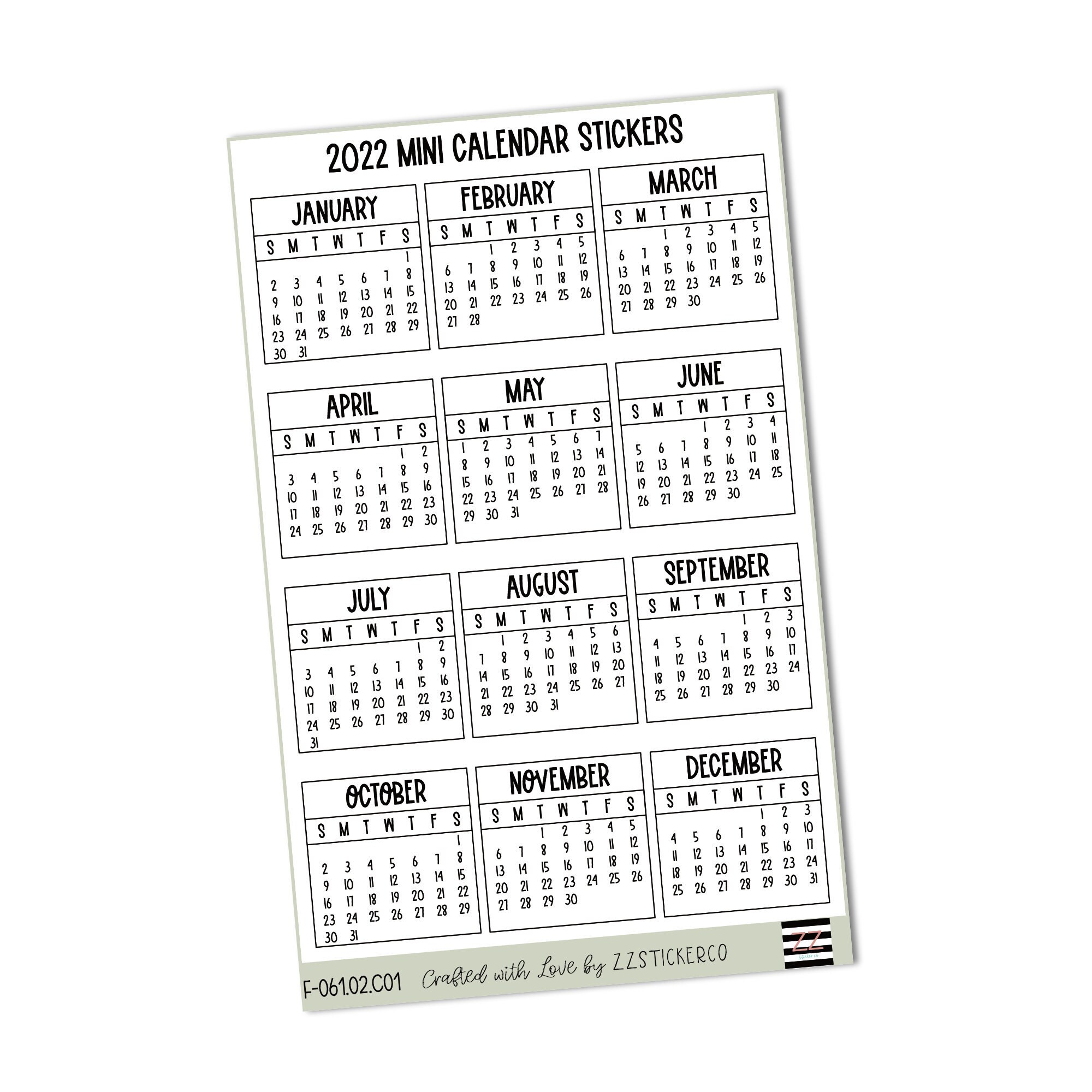 2022 Mini Calendar Stickers Bujo Stickers Year At A Glance Etsy