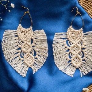 Boho Wedding earrings with hypoallergenic 14k Gold filled ear wire, Cream woven jewelry, fall hoops for wedding