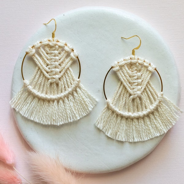 Cream woven earrings with 14k Gold filled ear wire, dream catcher macrame earrings, Ecru geometric jewelry, Macrame hoop earrings
