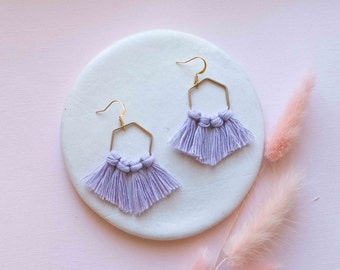 Hexagonal hoop earrings with hypoallergenic 14k Gold-filled ear wires, light purple macrame earrings, geometric brass jewelry