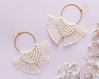 Cream macrame earrings with hypoallergenic 14k Gold-filled earwires, Circular hoop brass jewelry, Big fringe earrings, Macrame hoop earrings