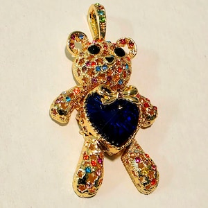Rainbow Crystal Teddy Bear Pendant: Gold Plated Blue Heart Necklace