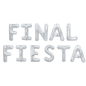 May include: Silver foil balloons spelling out "FINAL FIESTA" against a white background. The balloons are inflated and arranged in two rows, with "FINAL" on top and "FIESTA" below. Ideal for a party or celebration.