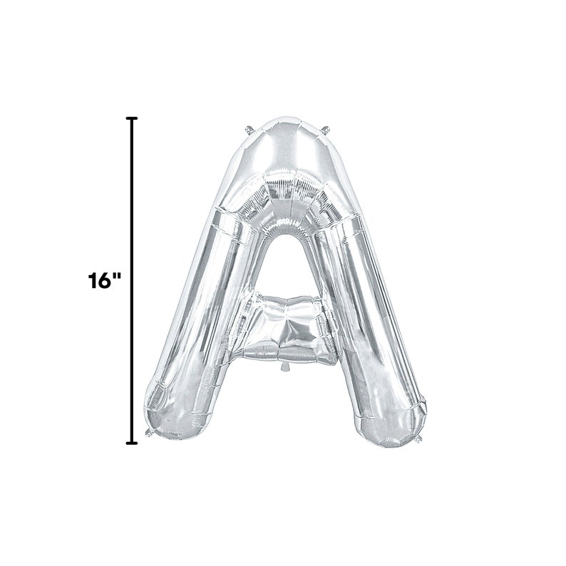 May include: A silver foil balloon in the shape of the letter "A". The balloon is inflated and measures 16 inches in height. The shiny surface reflects light, creating a bright and festive appearance. Ideal for birthday parties, anniversaries, or other celebrations.