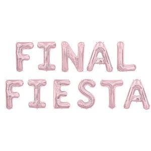 May include: Pink foil balloons spelling out "FINAL FIESTA" against a white background. The balloons are in a sans-serif font, perfect for a party or celebration. Ideal for a bachelorette party or a graduation.