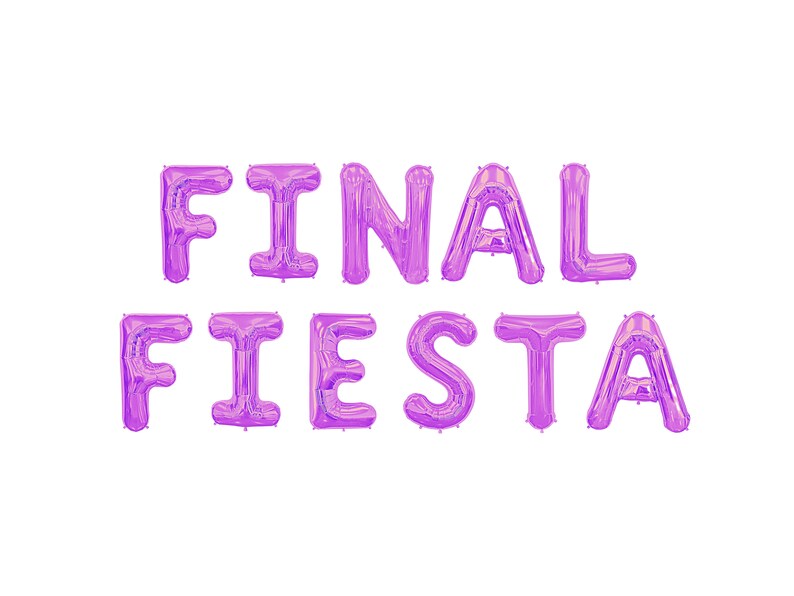 May include: A cluster of purple foil balloons spelling out "FINAL FIESTA" against a white background. The balloons are inflated and have a shiny, metallic appearance. The letters are large and easy to read, perfect for a party or celebration.