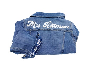 Personalized Mrs. Jean Jacket for Bride | Custom Last Name Jean Jacket | Wedding Denim Jacket | Engagement Gift for Bride to Be