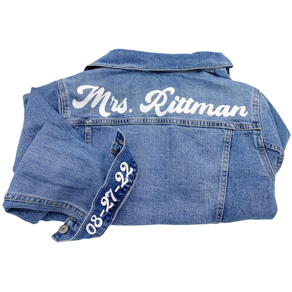 Personalized Mrs. Jean Jacket for Bride | Custom Last Name Jean Jacket | Wedding Denim Jacket | Engagement Gift for Bride to Be