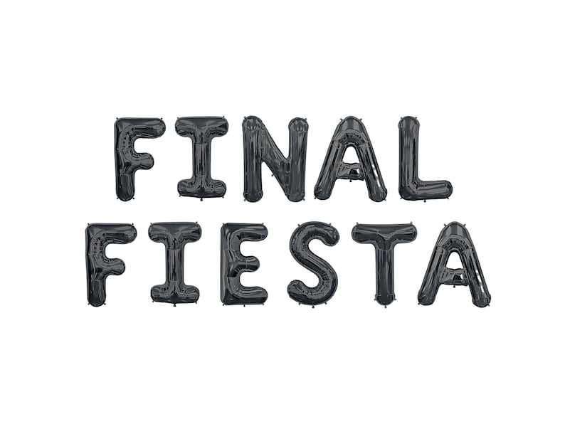 May include: Black foil balloons spelling out "FINAL FIESTA" against a white background. The letters are inflated and shiny, creating a festive and celebratory look. Ideal for a party or event.
