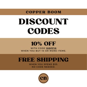 May include: A promotional graphic for Copper Boom with the text "Discount Codes" in bold black letters. It offers 10% off with code 10OFF10 on 10+ items and free shipping on orders over $35. A circular logo with "CB" is at the bottom.