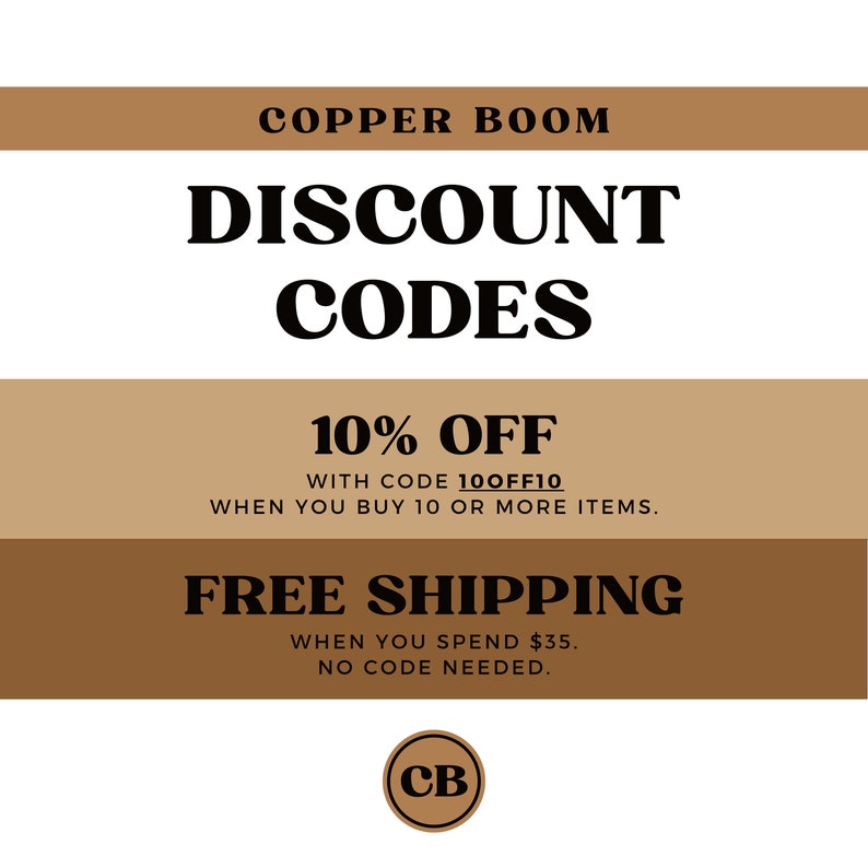 May include: A promotional graphic for Copper Boom with the text "Discount Codes" in bold black letters. It offers 10% off with code 10OFF10 on 10+ items and free shipping on orders over $35. A circular logo with "CB" is at the bottom.