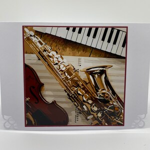 WENSKAART: muziekinstrument, saxofoon, piano, gitaar, muzieknoten voor verjaardag, jubileum, bedankt, ik denk aan jou