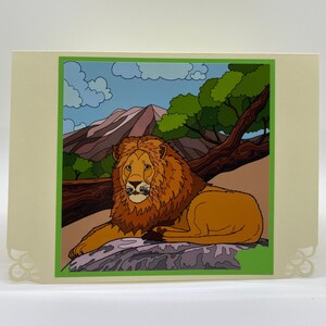 CARTE DE VUX : Lion, nature sauvage, montagnes, arbres, ciel bleu, animal, pour un anniversaire, un anniversaire, merci, je pense à vous, aventure