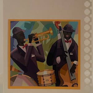 Wenskaart: Afro-Amerikaanse mannen met hoeden, rode vlinderdas, muziek, instrumenten, saxofoon, gitaar, drum voor verjaardag, jubileum, bedankt