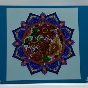 Carte de voeux : mandala, rond, bleu, bleu sarcelle, violet, orange, floral pour anniversaire, anniversaire, remerciement, pensée pour vous, sympathie, réconfort