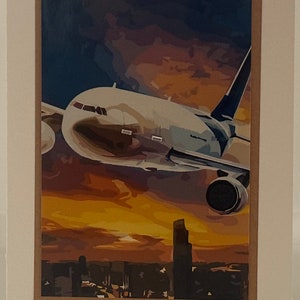 Carte de voeux : Avion, Avion, Gratte-ciel, Coucher de soleil bleu orange, Ciel pour un anniversaire, Je pense à vous, Confort, Aventure, Voyage