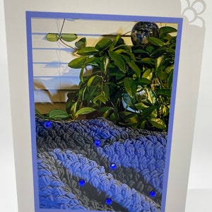 TARJETA DE FELICITACIÓN: Afgano de ganchillo, Manta, Azul, Planta de hoja verde para cumpleaños, Aniversario, Gracias, Pensando en ti, Simpatía, Consuelo