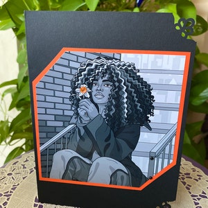 Grußkarte: African American Girl, Black & White, Orange, Birthday, Jubiläum, Danke, Thinking of You