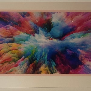 Carte de voeux : orange, rose fushia, jaune rouge bleu vert sarcelle violet, nuages, éclat de ciel pour un anniversaire, une pensée pour vous, sympathie