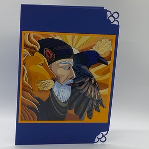 Carte de voeux : homme, tête de lion, oiseau, aigle, bleu, beige, marron pour un anniversaire, merci, je pense à vous