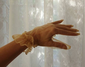 Elegant "Lady Jane" gloves made of beige tulle and ruffles in size S