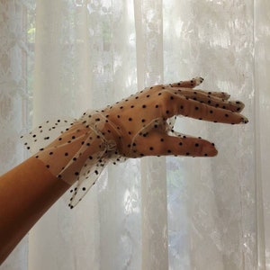 Elegant gloves "Blanche" made of white transparent tulle with black polka dots in size S