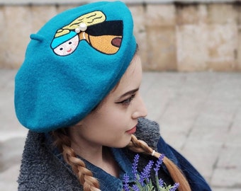 Cottagecore beret "Girl With A Pearl Earring" in petrol blue made of wool