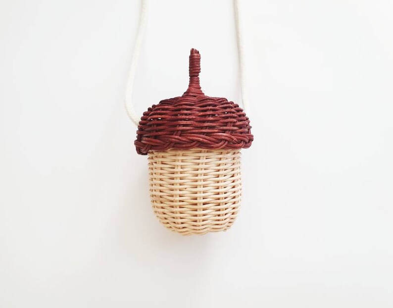 Small cottagecore bag 'Little Acorn' made of rattan with long fabric strap 