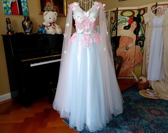 Floor-length dream dress "Fairy Queen" with 3D butterflies and flowers in size. XS