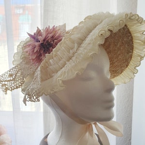 Straw hat Regency Beauty with satin ribbon, lace and dahlia image 4