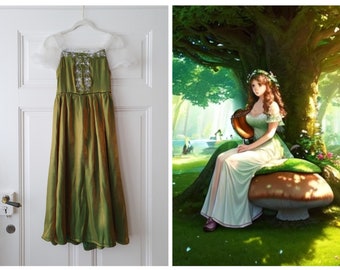 Cottagecore midi dress "Tauriel" in green with embroidery and puff sleeves in size. XXS/XS