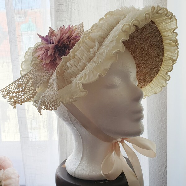 Straw hat "Regency Beauty" with satin ribbon, lace and dahlia